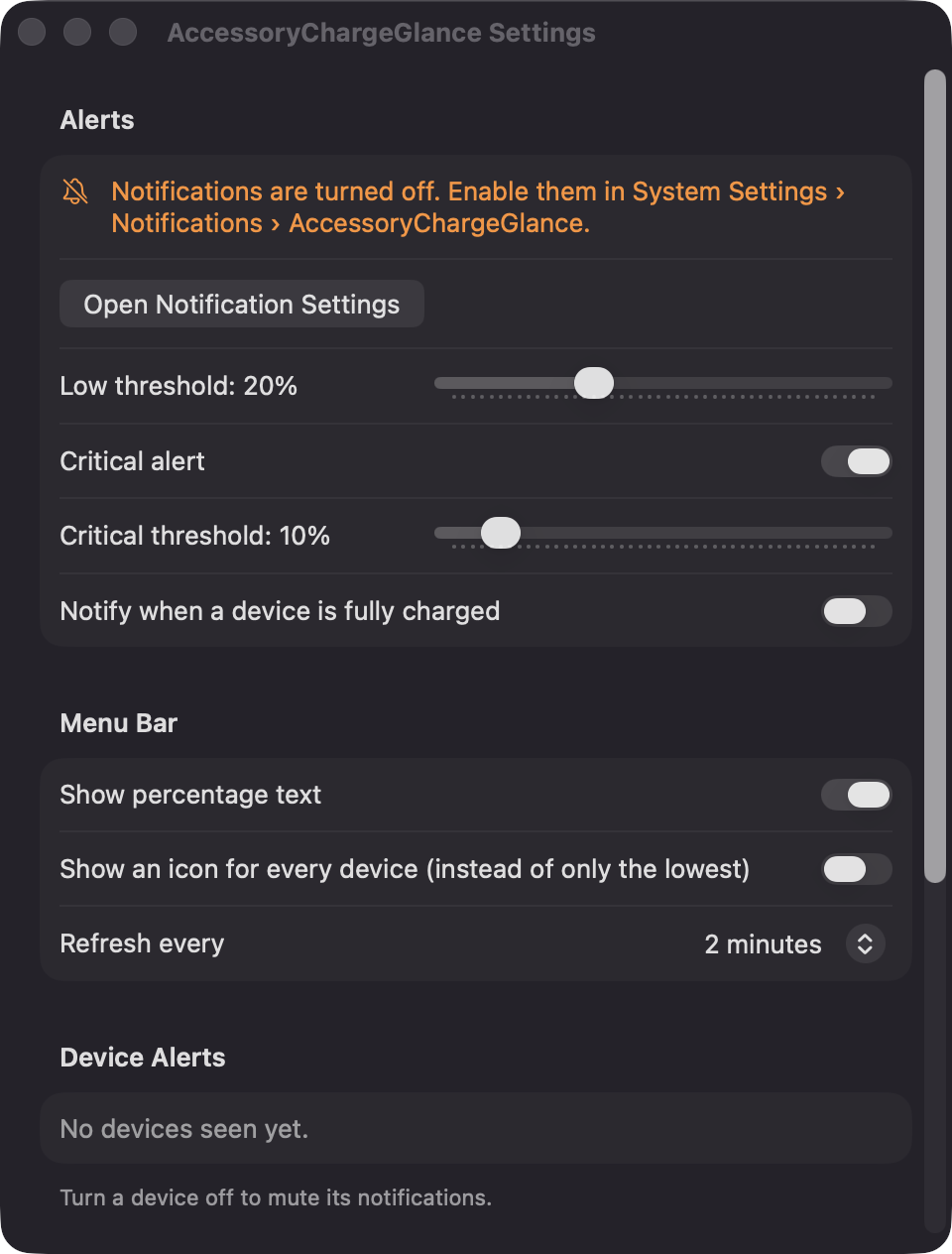 AccessoryChargeGlance Settings window