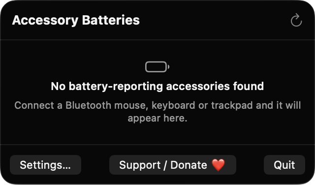AccessoryChargeGlance menu bar popover showing no accessories found