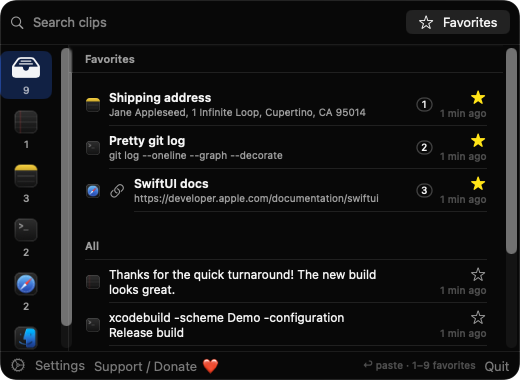 AppGroupedClips popup with labelled favorites and app icon sidebar