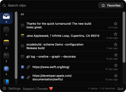 AppGroupedClips popup showing the clip timeline