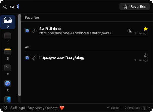 AppGroupedClips popup with a search for swift
