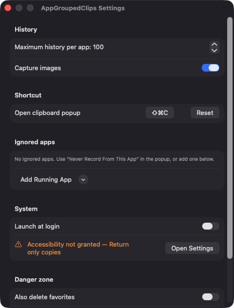 AppGroupedClips Settings window