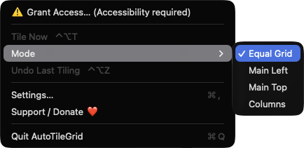 AutoTileGrid menu bar menu showing the layout Mode submenu