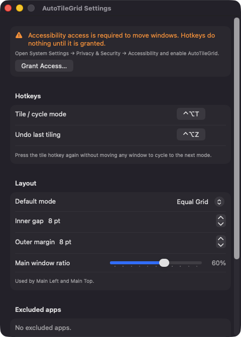 AutoTileGrid Settings window with hotkey and layout options