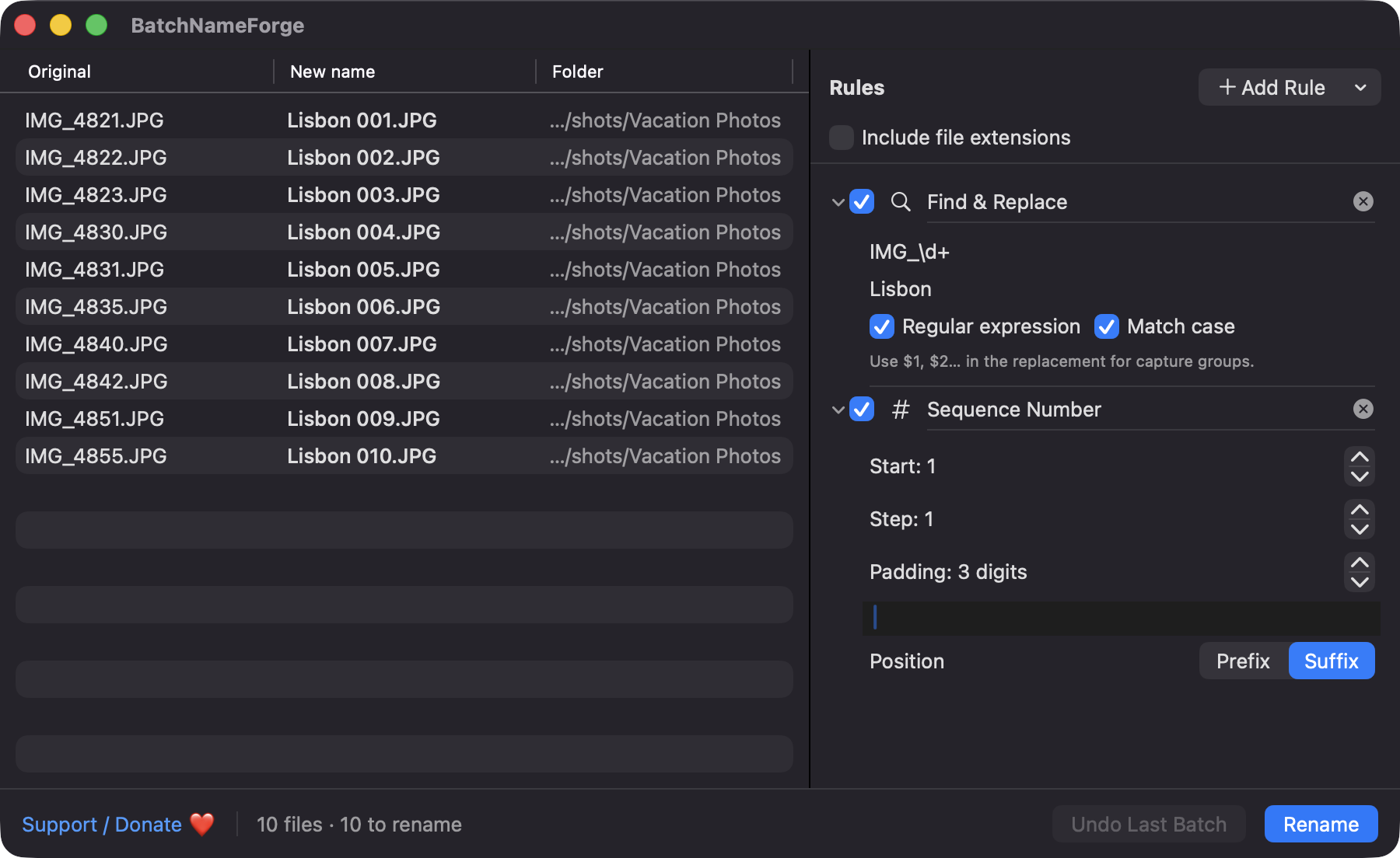 BatchNameForge main window with a live rename preview and a stack of rules
