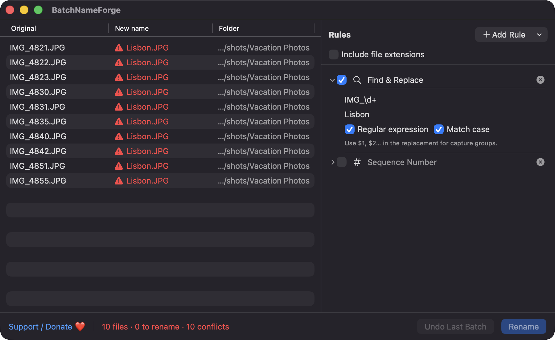 Rename preview with duplicate names flagged in red as conflicts