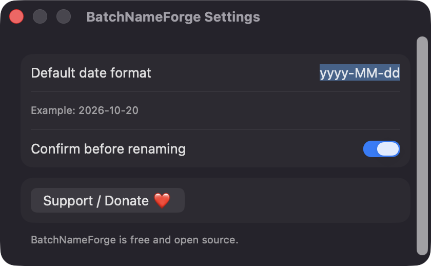 BatchNameForge Settings window