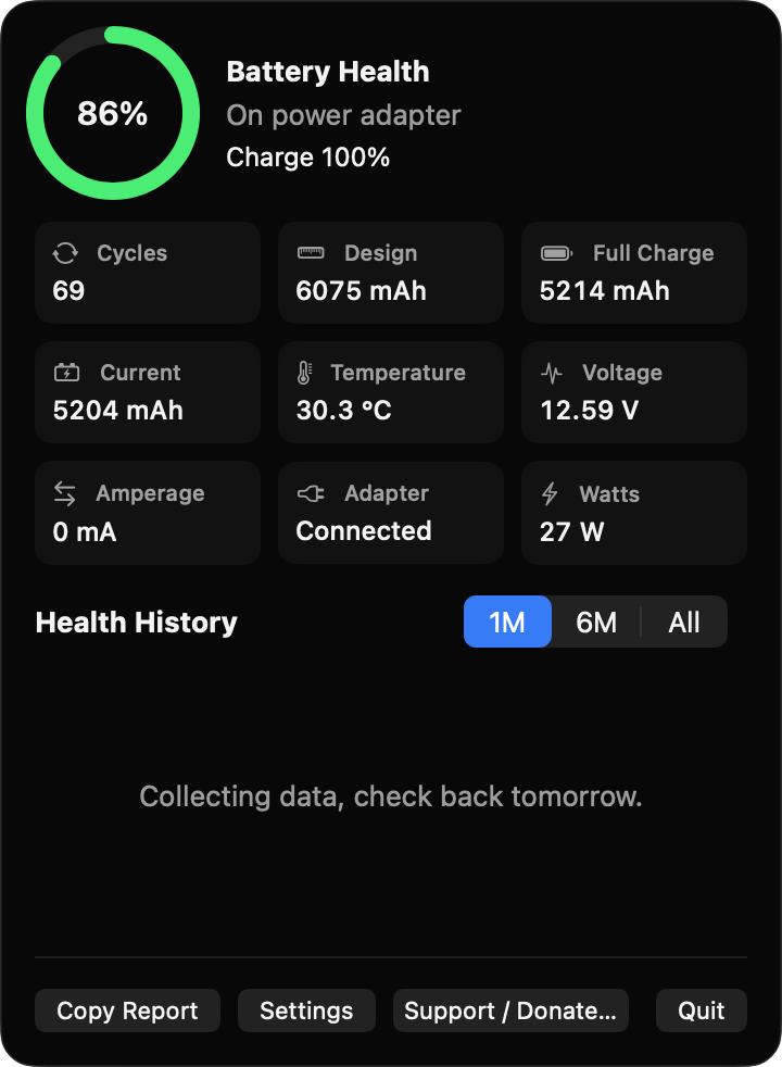 BatteryHealthLens menu bar popover showing 86% battery health and battery stats