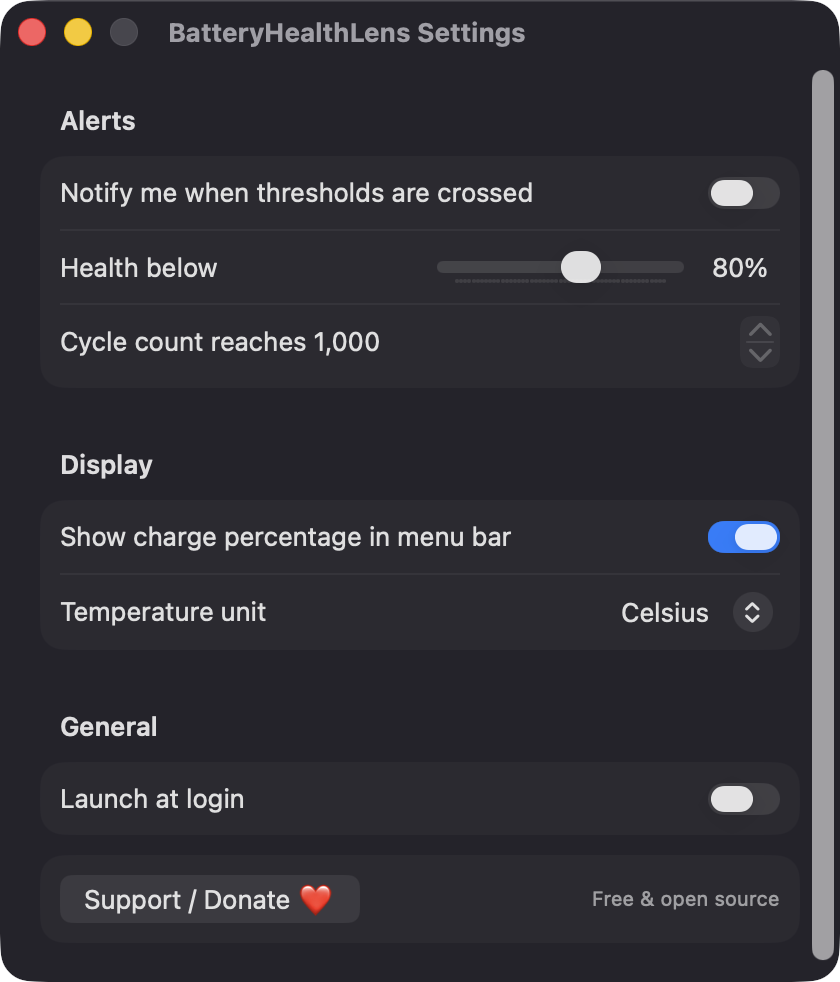 BatteryHealthLens Settings window with alert, display and general options