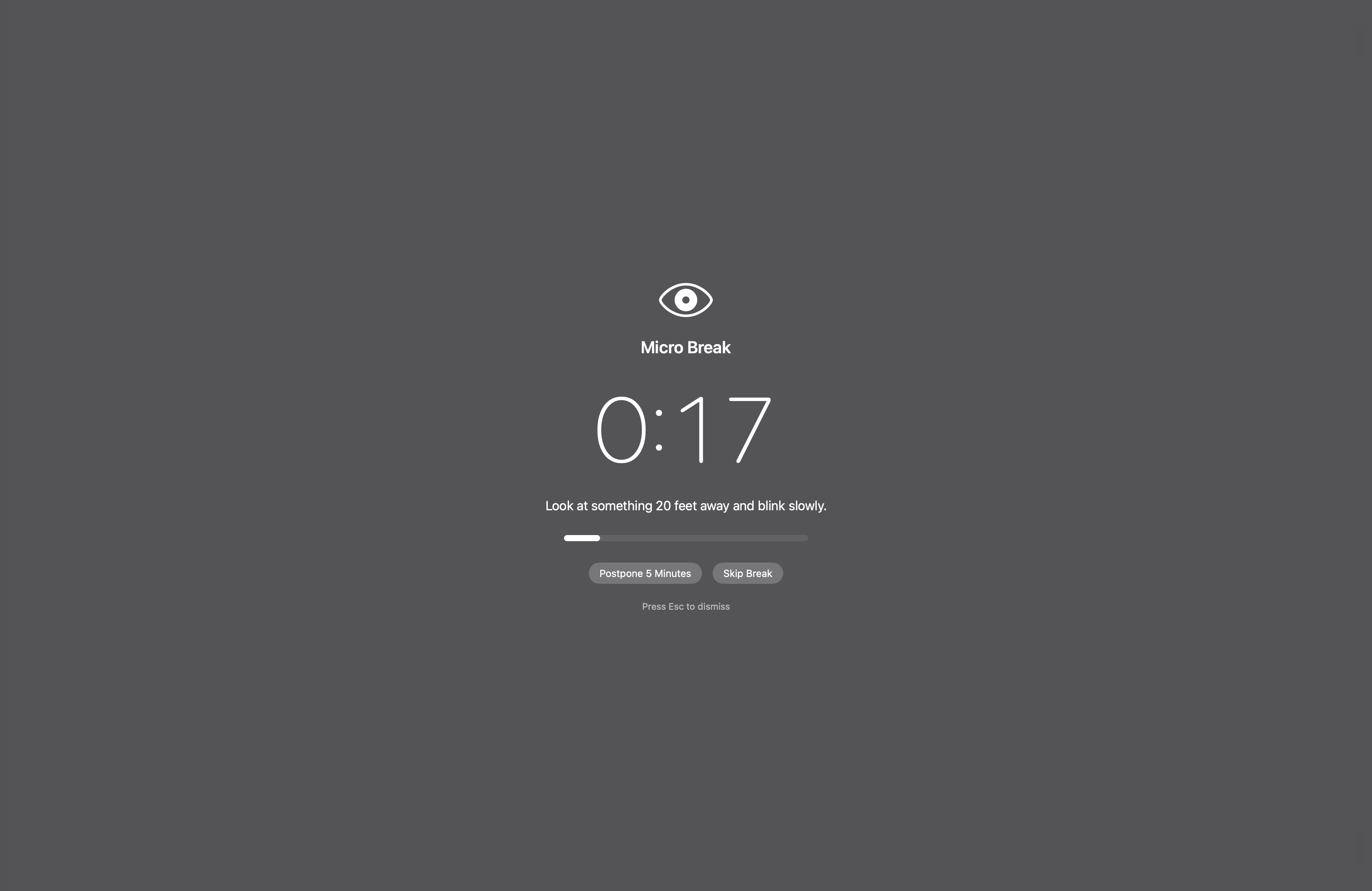 Full-screen micro break overlay with a 0:17 countdown
