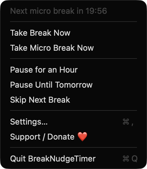 BreakNudgeTimer menu bar menu