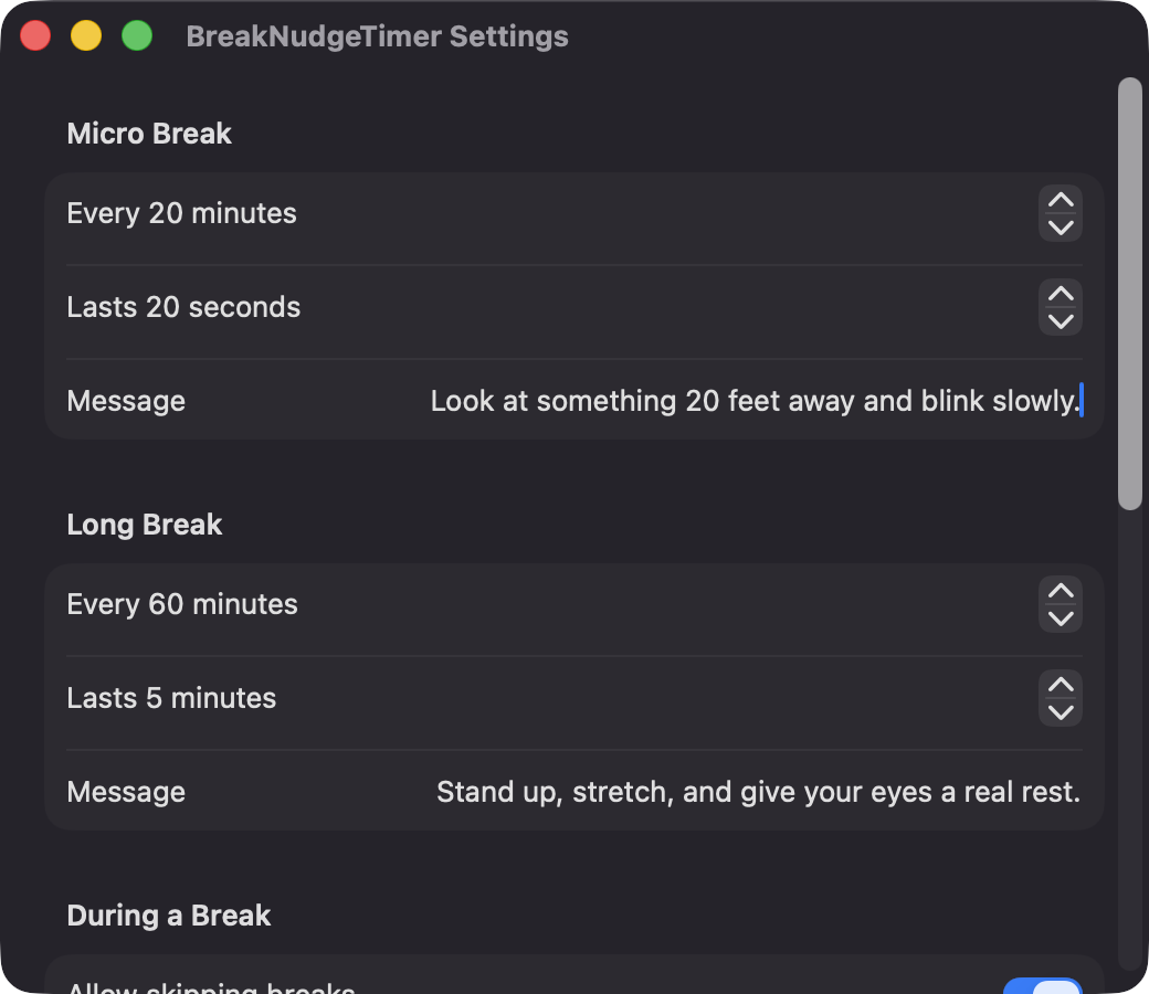 BreakNudgeTimer Settings window