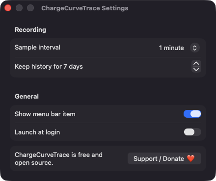 ChargeCurveTrace Settings window
