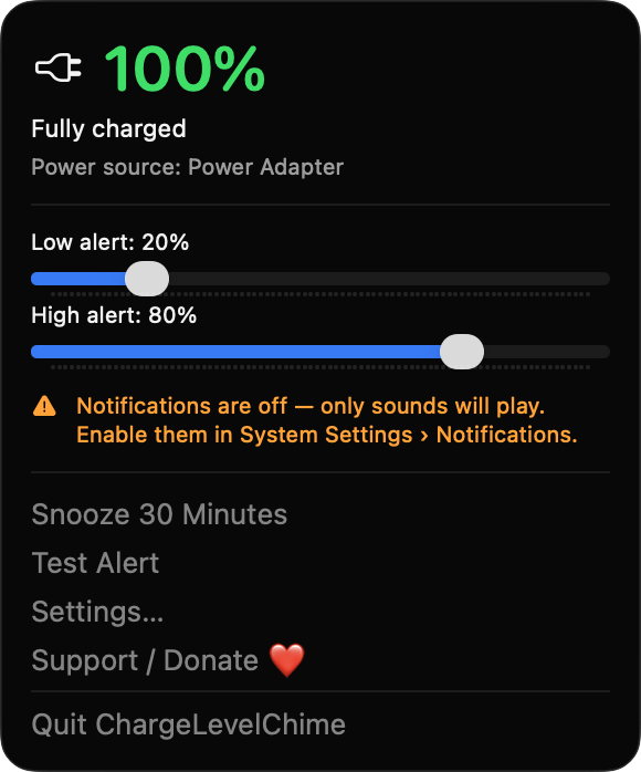 ChargeLevelChime menu bar dropdown at 100% with low and high alert sliders