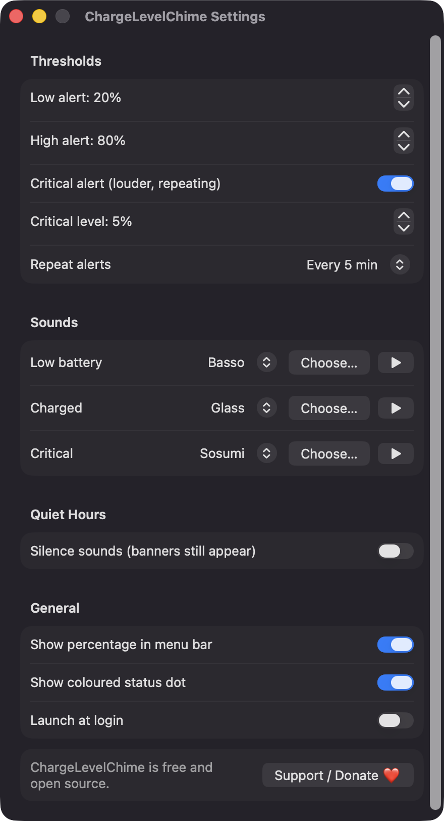 ChargeLevelChime Settings window with thresholds, sounds, quiet hours and general options