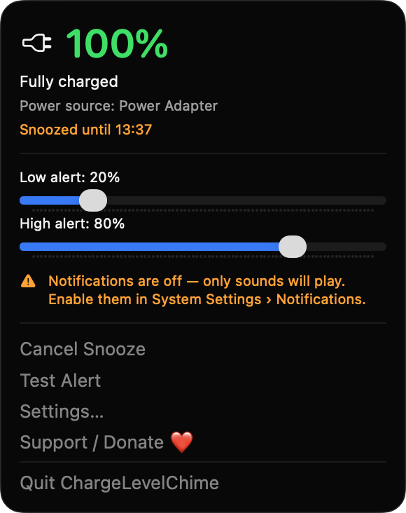 ChargeLevelChime dropdown in snoozed state showing 'Snoozed until' time