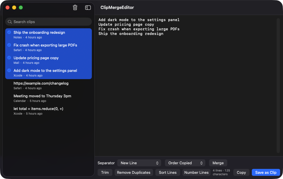 ClipMergeEditor main window with four selected clips merged in the editor
