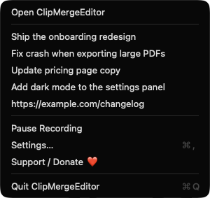 ClipMergeEditor menu bar menu showing recent clips