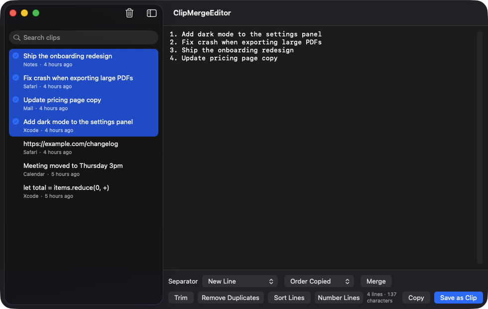 Merged clips sorted and numbered in the ClipMergeEditor editor
