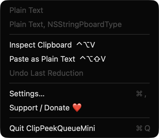 ClipPeekQueueMini menu bar menu showing clipboard summary and actions
