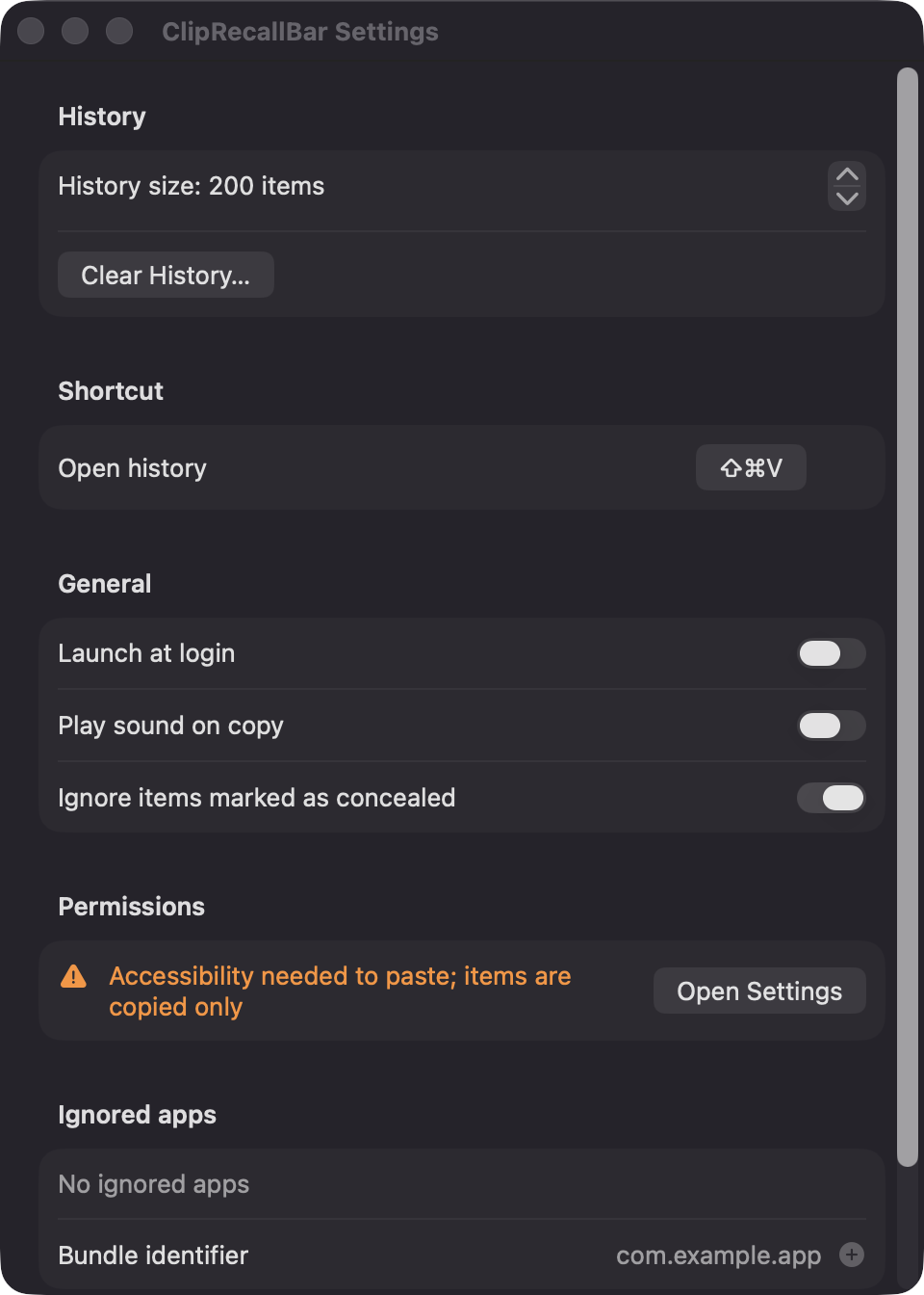 ClipRecallBar Settings window