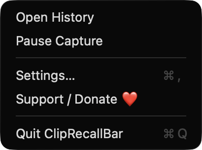 ClipRecallBar menu bar status menu