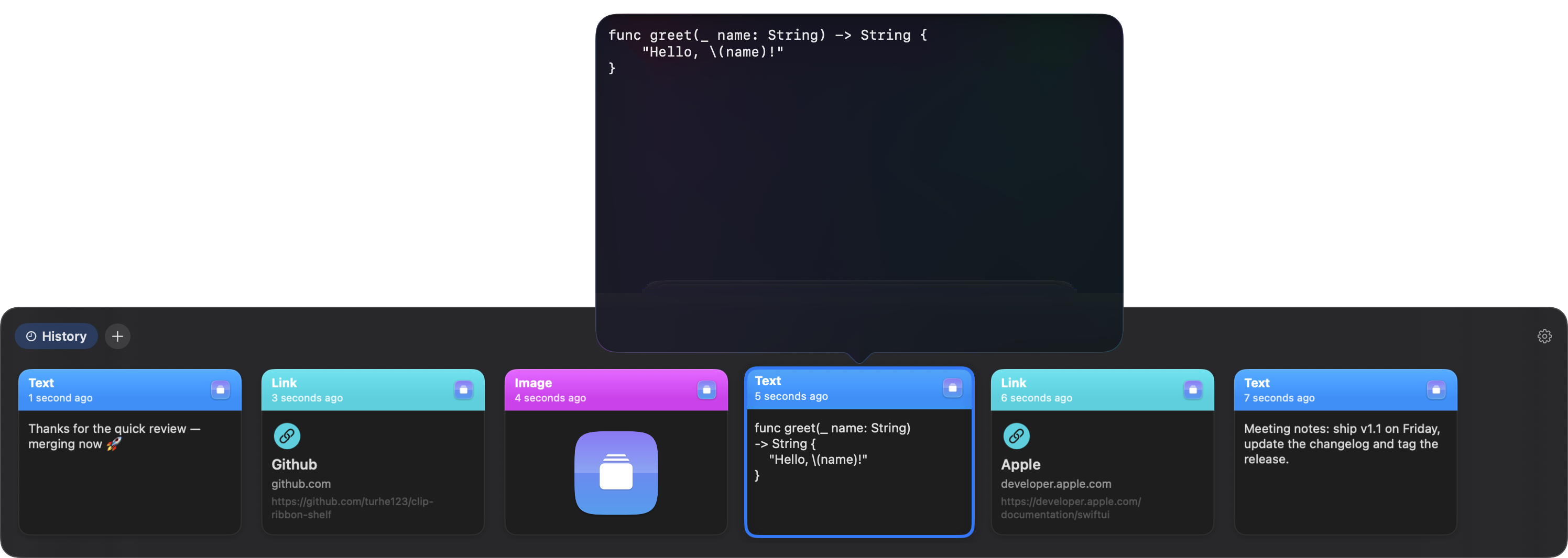 Quick Look popover previewing a code snippet above the shelf