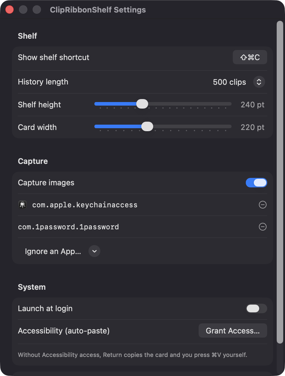 ClipRibbonShelf Settings window