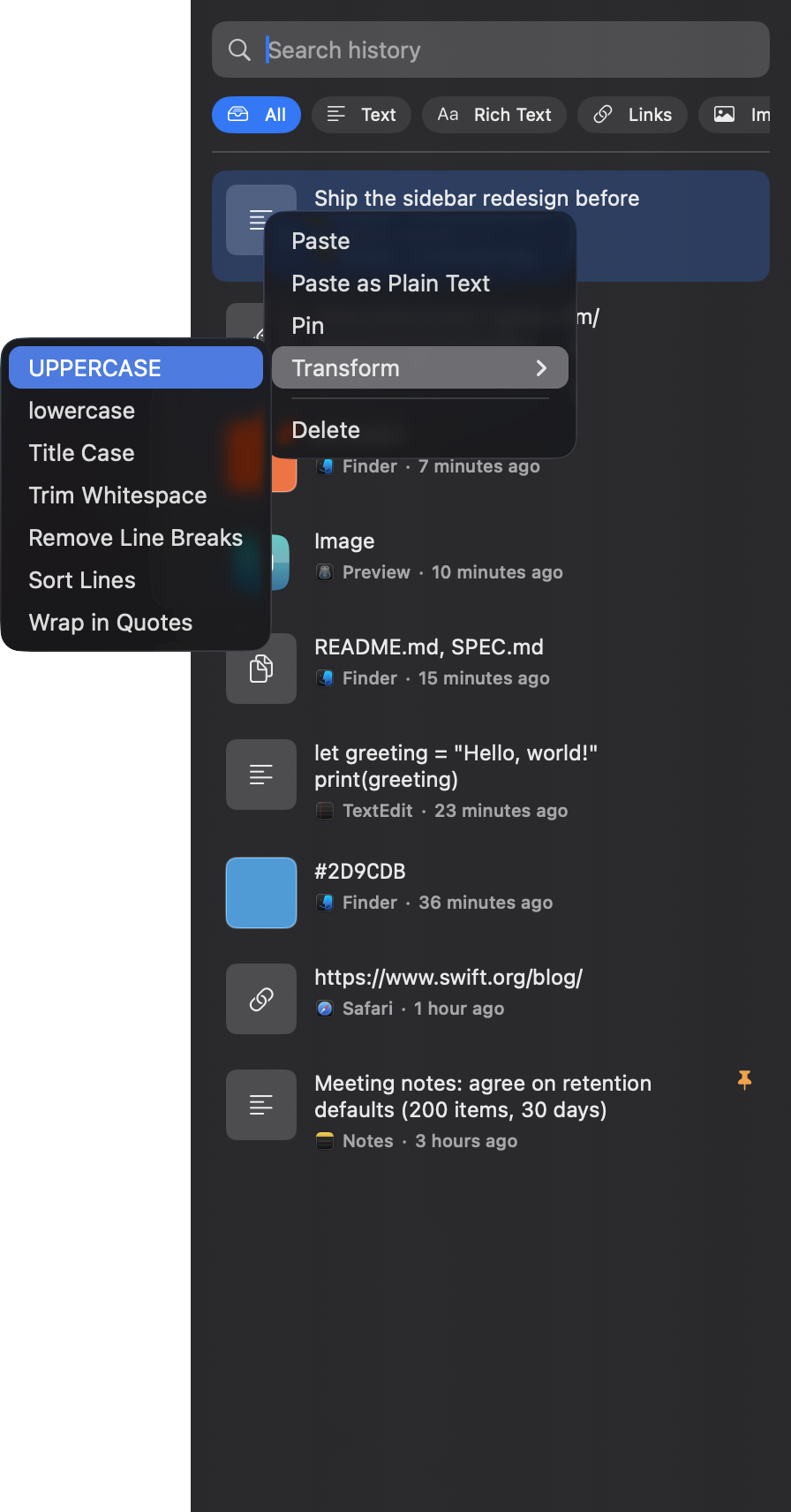 Row context menu with Transform submenu