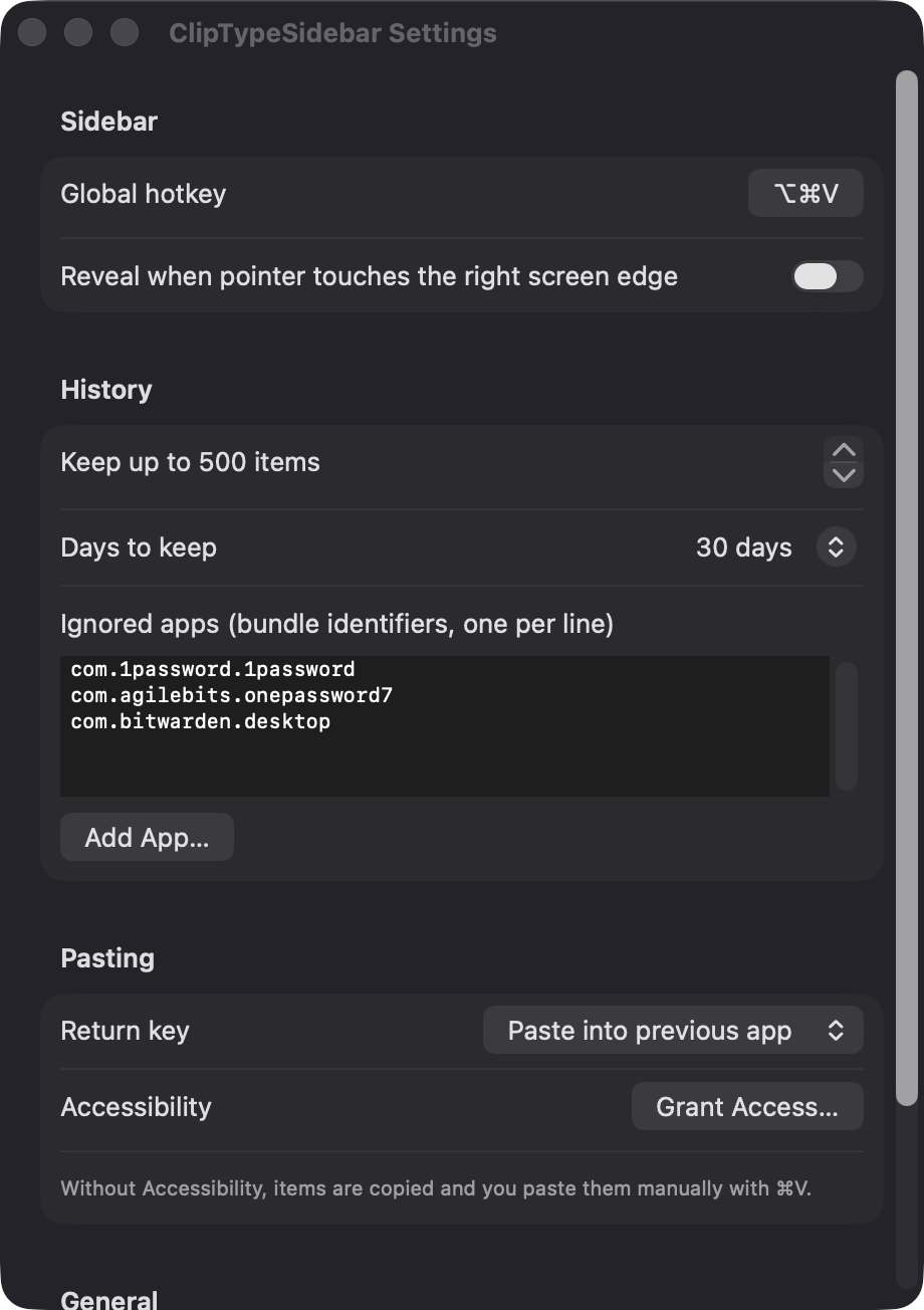 ClipTypeSidebar Settings window