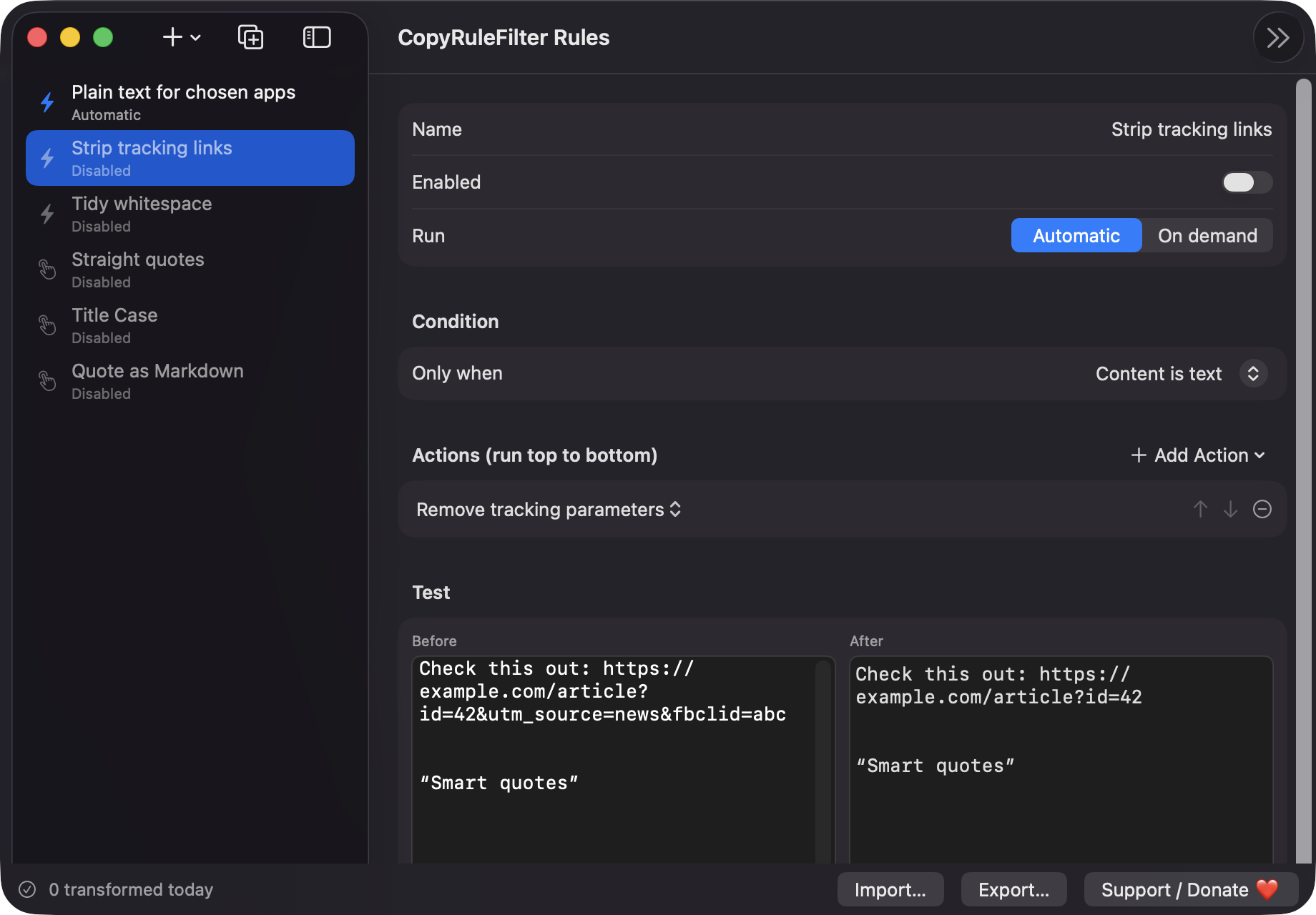 CopyRuleFilter Rules window with rule list and editor showing before/after test