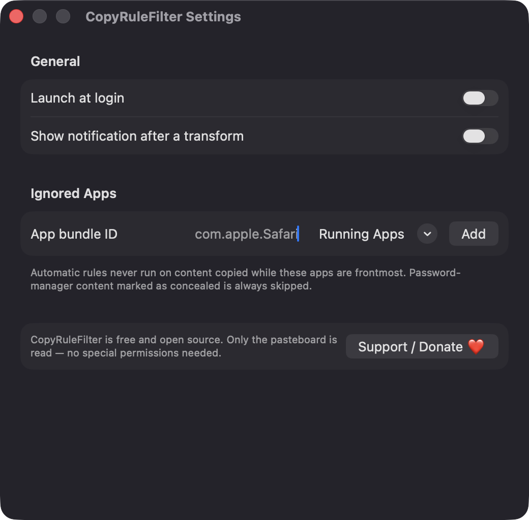 CopyRuleFilter Settings window