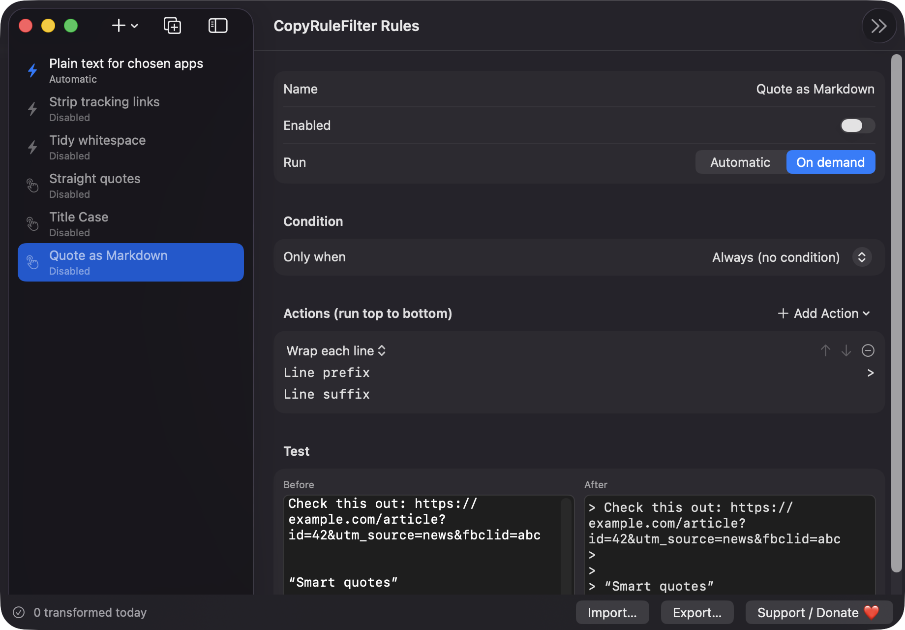 CopyRuleFilter on-demand Quote as Markdown rule with wrap-each-line action