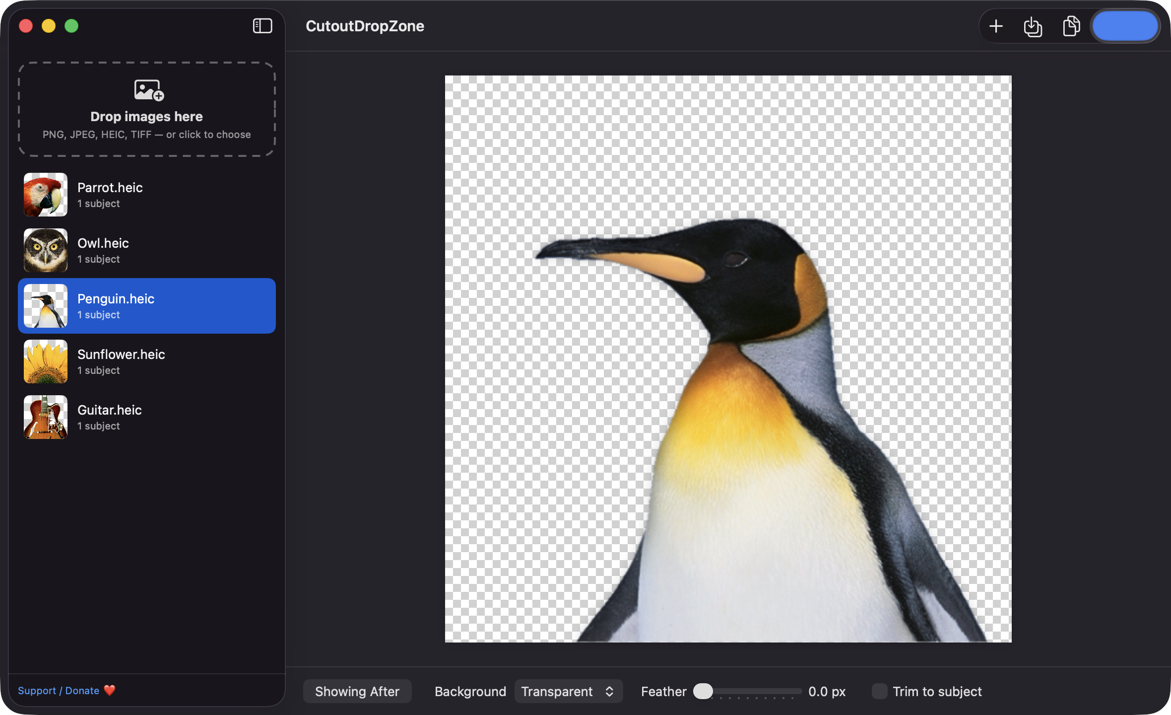 CutoutDropZone main window showing a penguin cutout on a transparent checkerboard