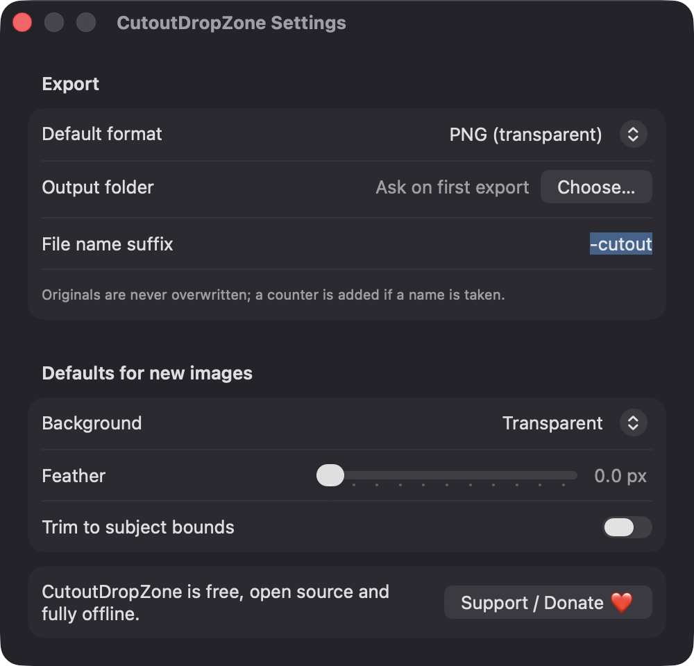 CutoutDropZone Settings window