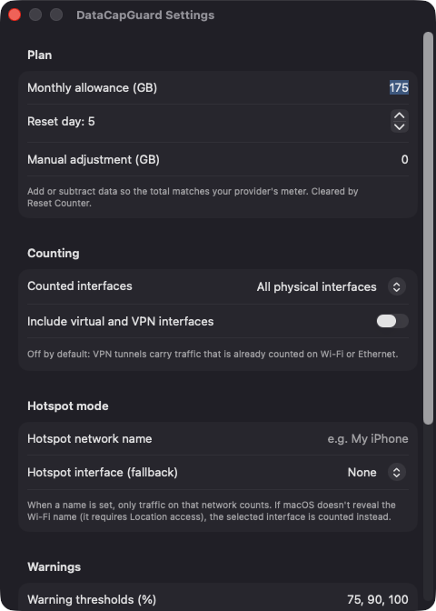 DataCapGuard Settings window