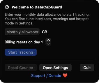 DataCapGuard first-run setup wizard in the menu bar popover
