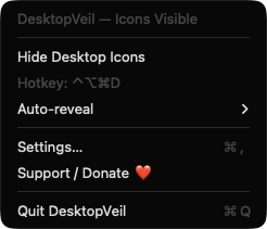 DesktopVeil menu bar menu with Hide Desktop Icons option