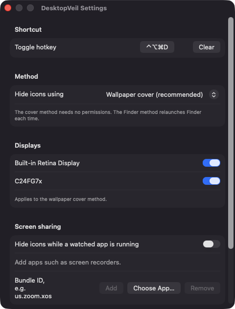 DesktopVeil Settings window
