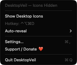 DesktopVeil menu in the Icons Hidden state