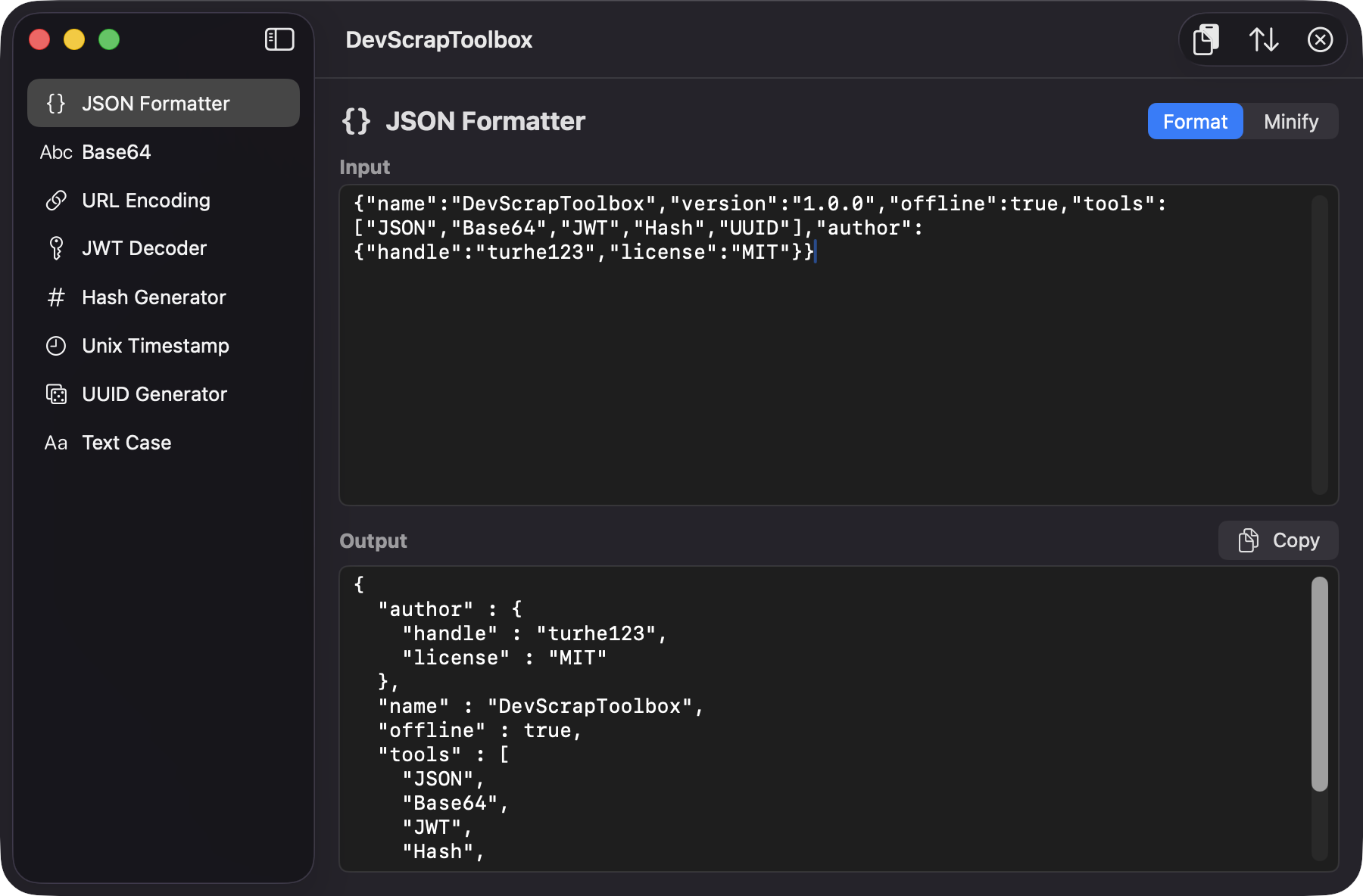 DevScrapToolbox main window showing the JSON Formatter with minified input and formatted output