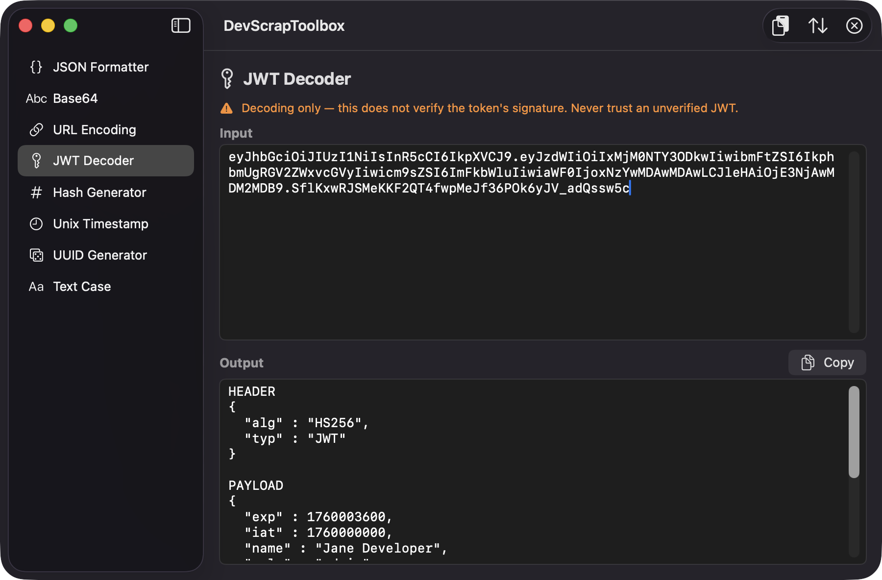 JWT Decoder showing a decoded token header and payload