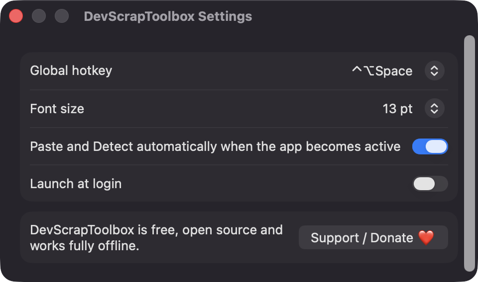 DevScrapToolbox Settings window