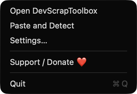 DevScrapToolbox menu bar menu