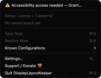 DisplayLayoutKeeper menu bar menu