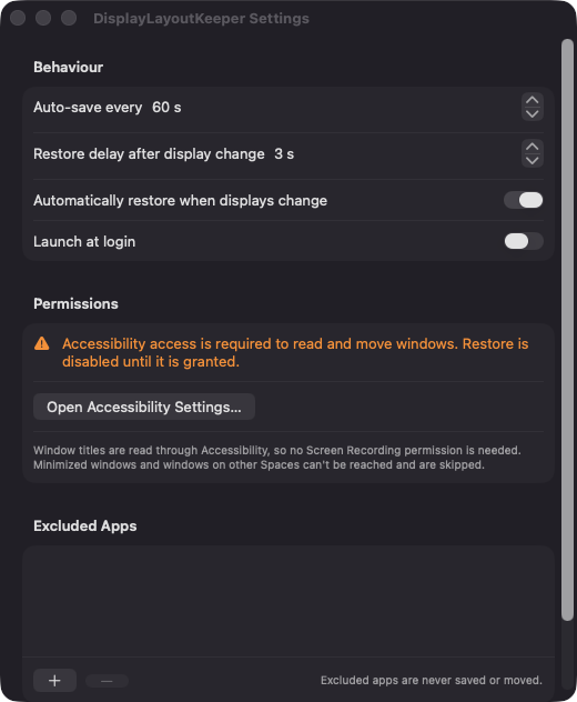 DisplayLayoutKeeper Settings window