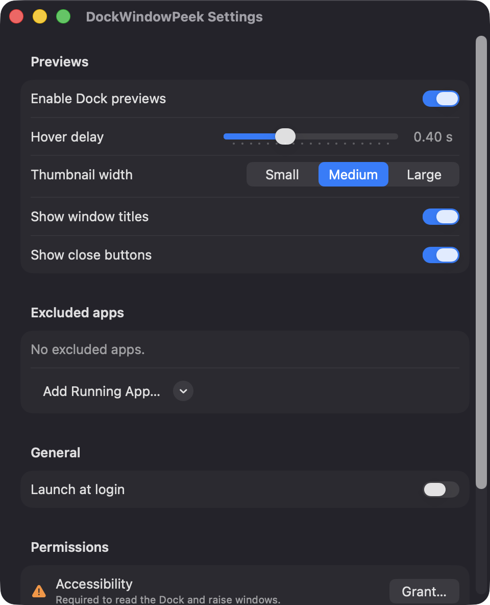 DockWindowPeek Settings window with preview options