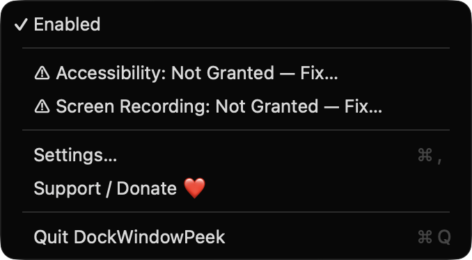 DockWindowPeek menu bar menu