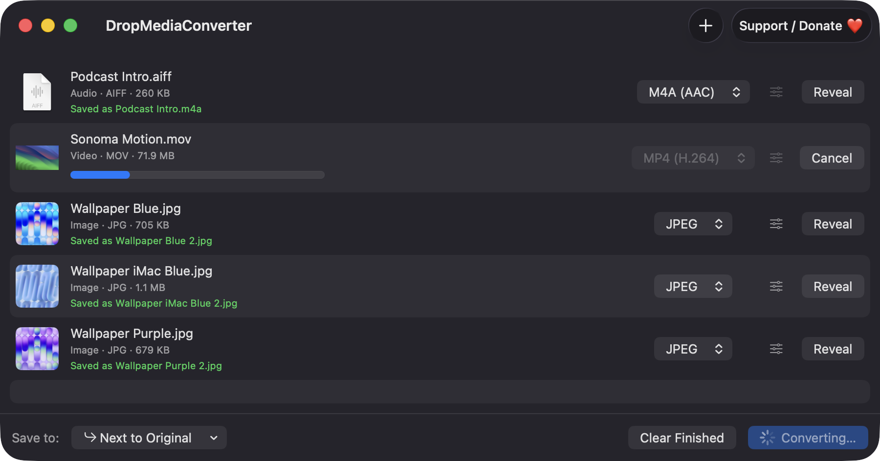 DropMediaConverter window converting a list of media files