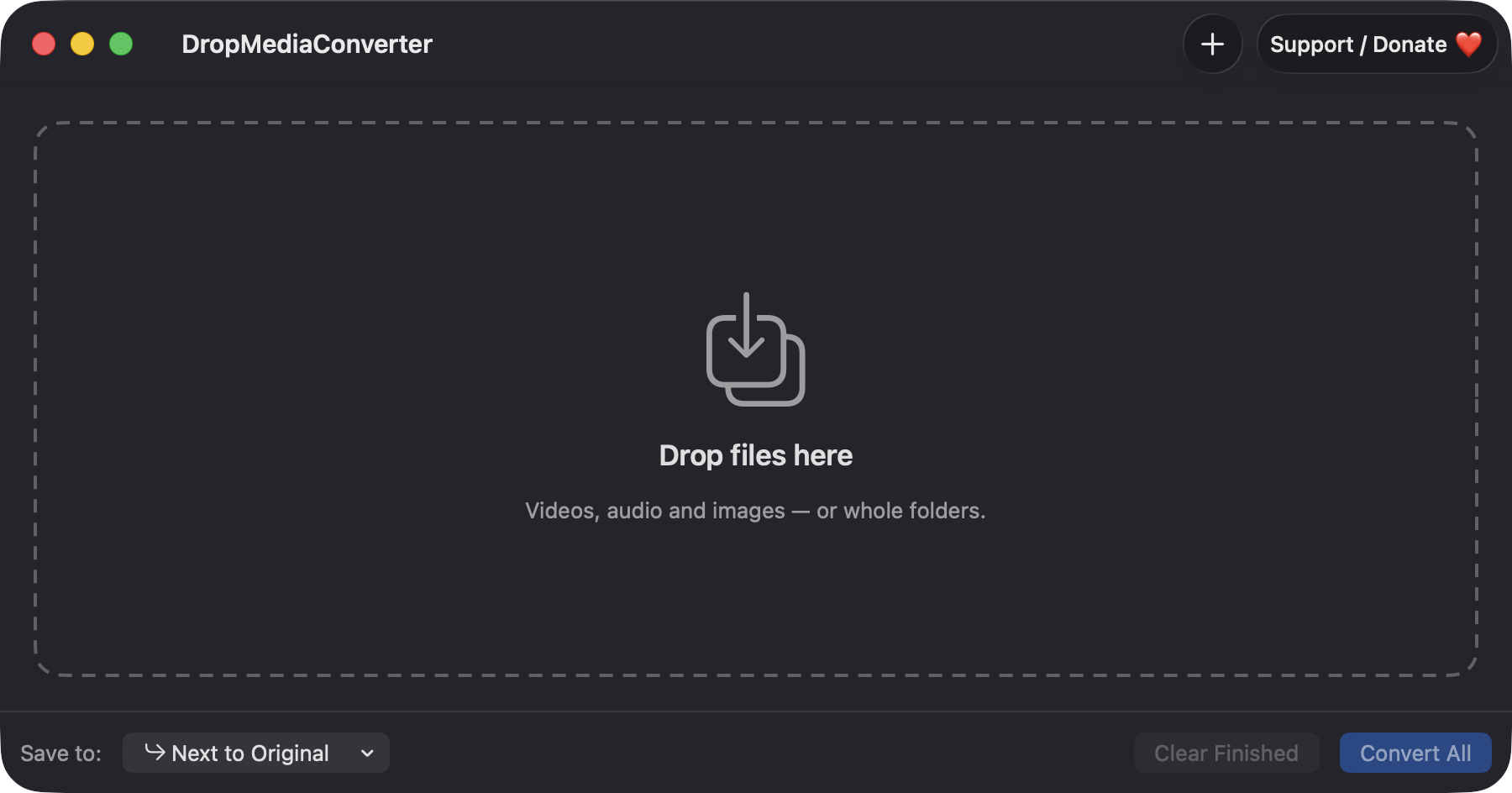 DropMediaConverter empty window with a Drop files here zone